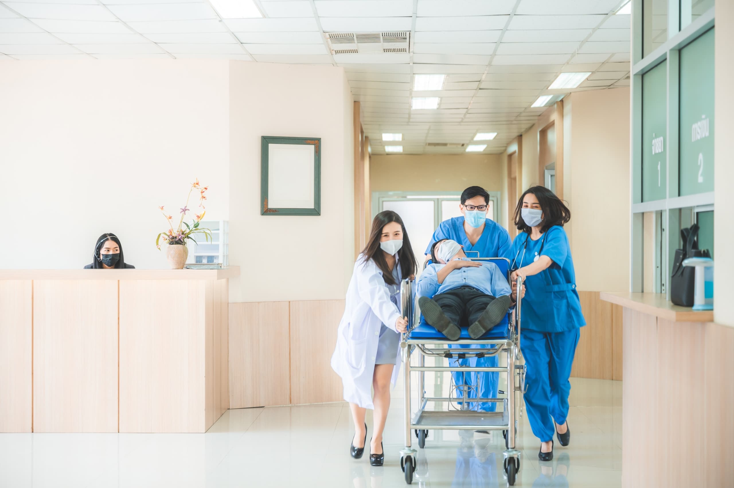 hospital building, staff working in medical environment