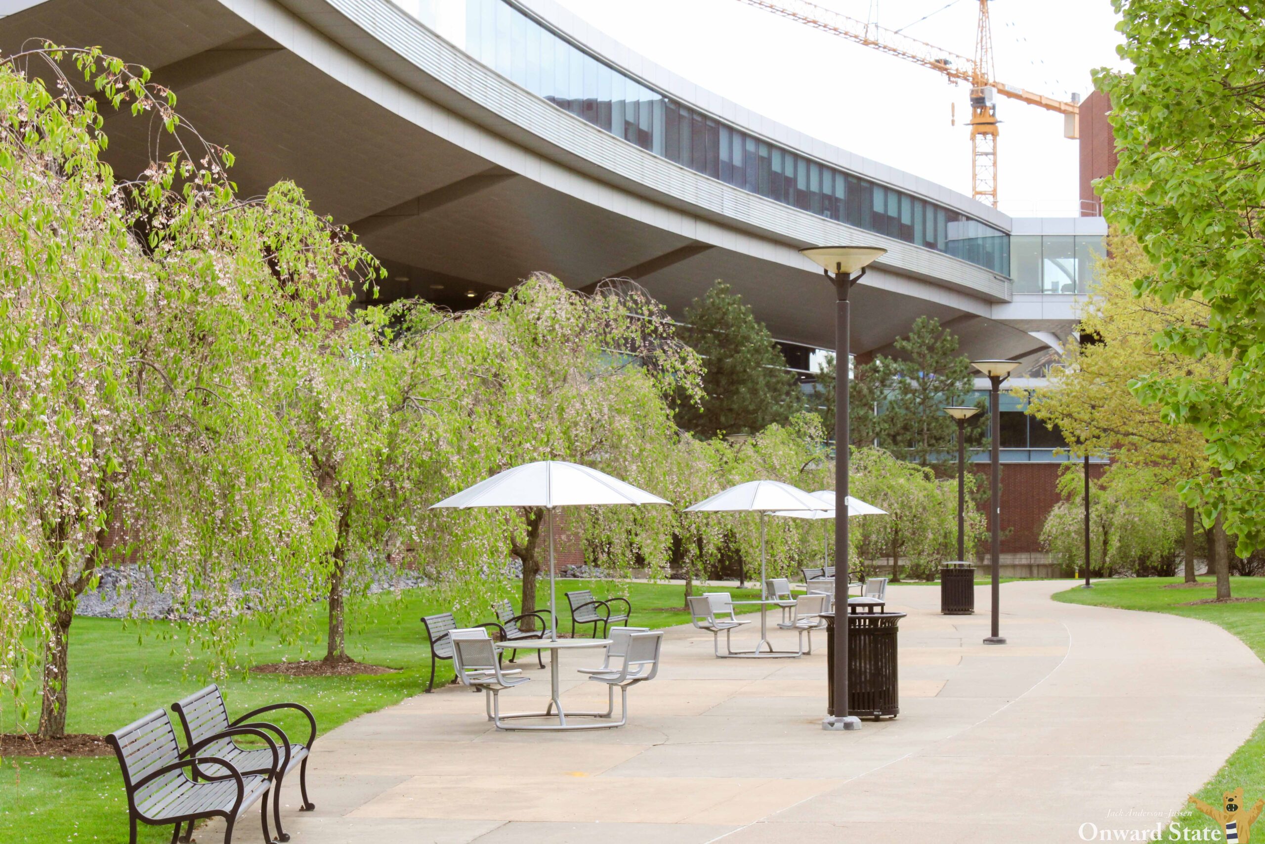 scenic campus with students studying outdoors