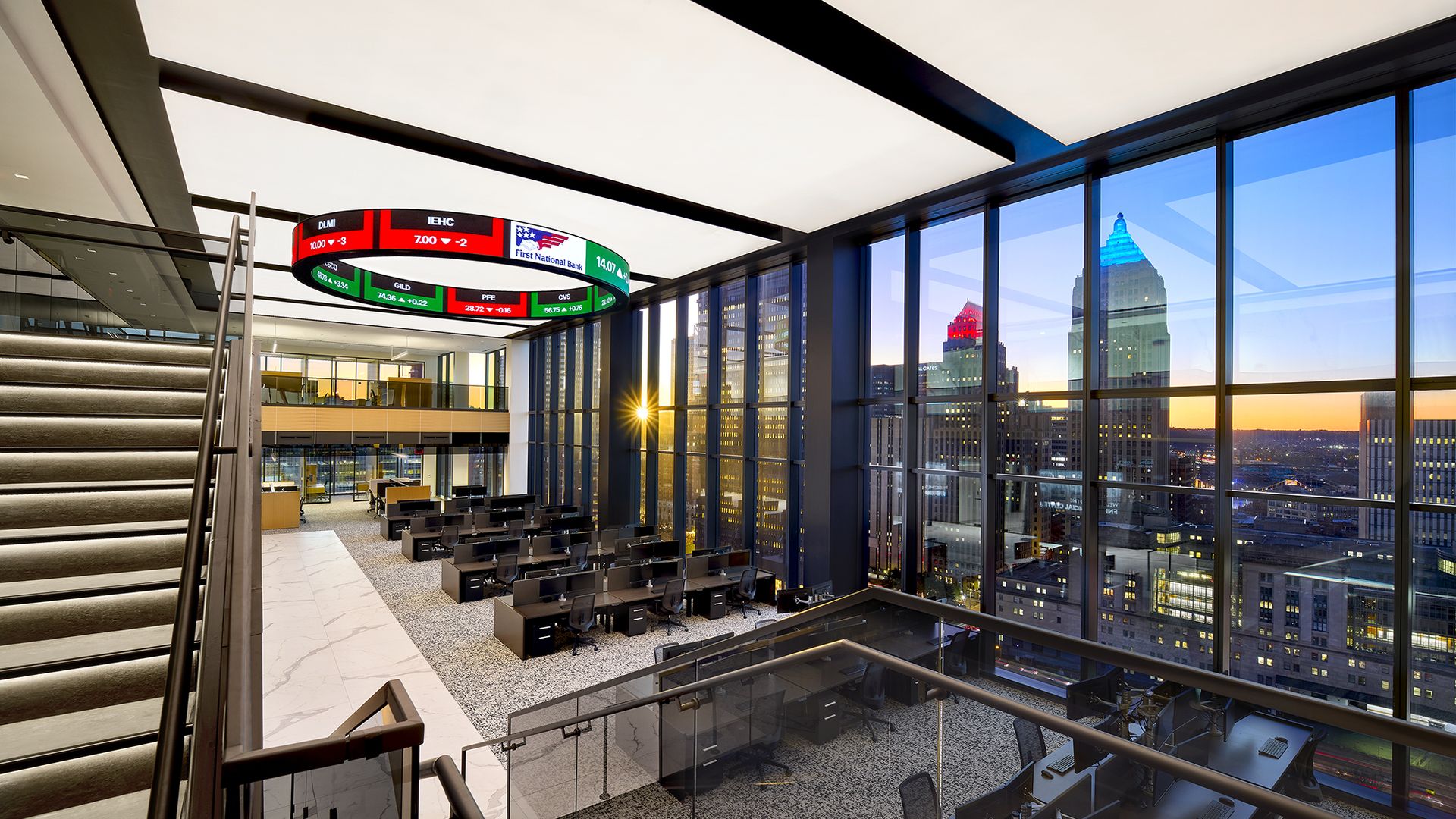 financial district skyline and trading floor