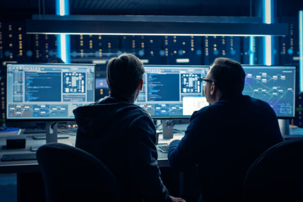 financial professionals working on futuristic data screens