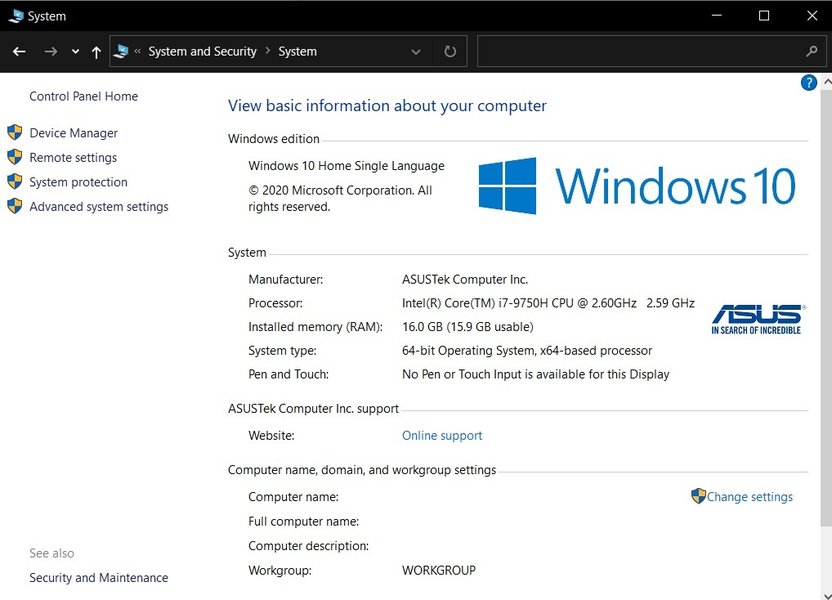 System Applet in Windows Control Panel