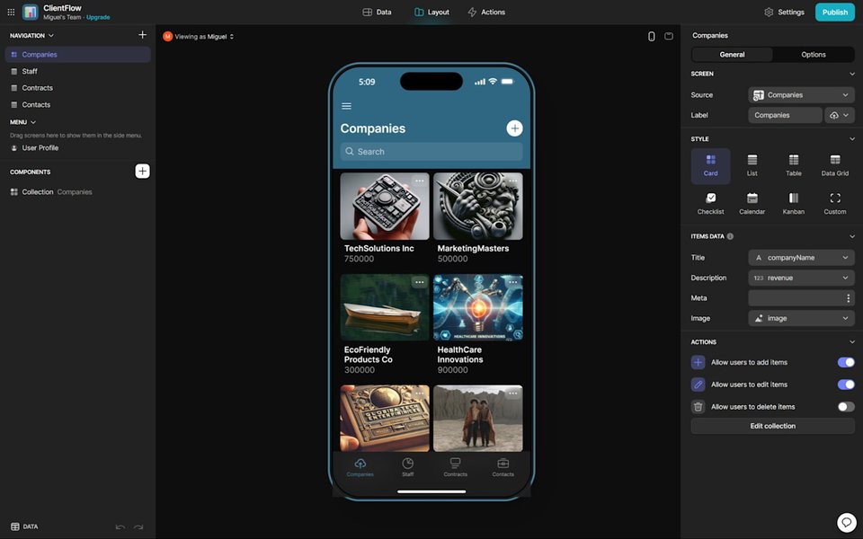 No-code app builder interface showing relationship mapping
