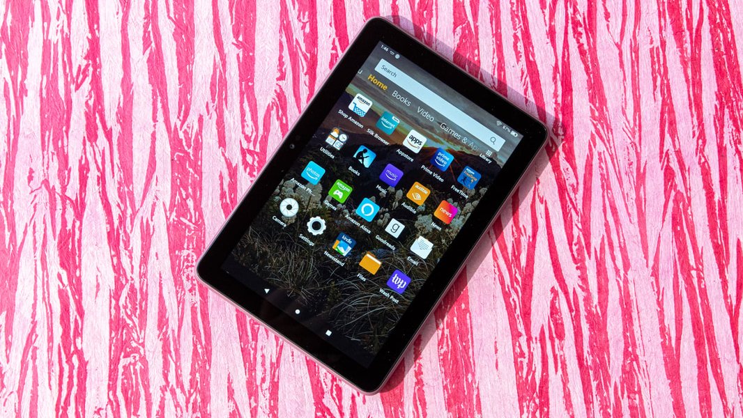 Amazon Fire HD 8 tablet showing the home screen with various app icons