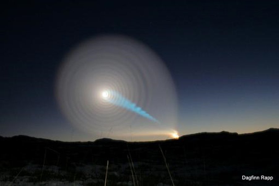 Spiral pattern in the sky caused by a failed missile launch