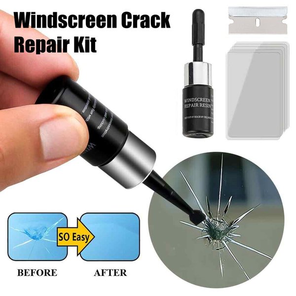 A DIY car windshield repair kit with resin, applicators, and curing film, highlighting the tools for minor automotive glass damage.