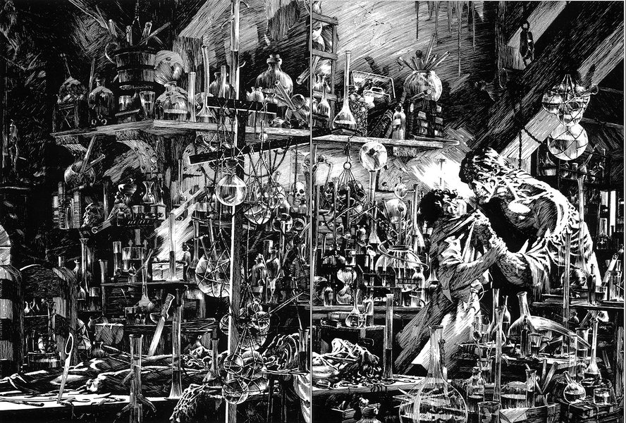 Illustration of Frankenstein's Creature observing a family