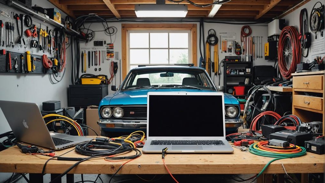 A DIY mechanic using an OBD2 scanner connected to a laptop to diagnose car issues.