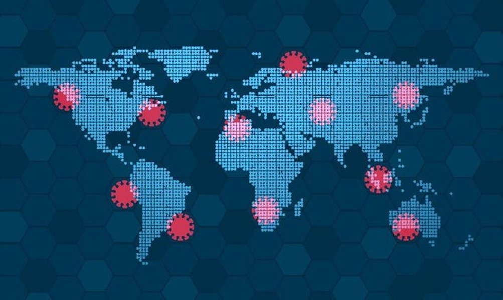 显示全球连接性的世界地图上的病毒传播示意图