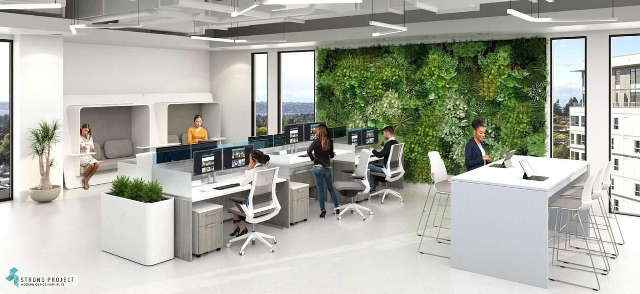 Flexible hybrid workspace with modular furniture