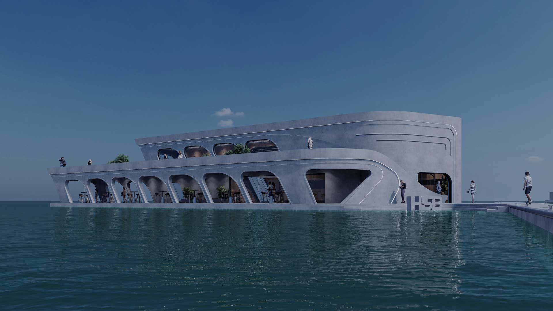 floating harbors, waterfront technology, futuristic maritime structures