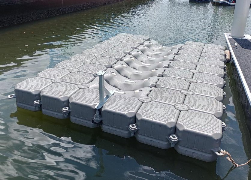 Modular floating dock system showing flotation units