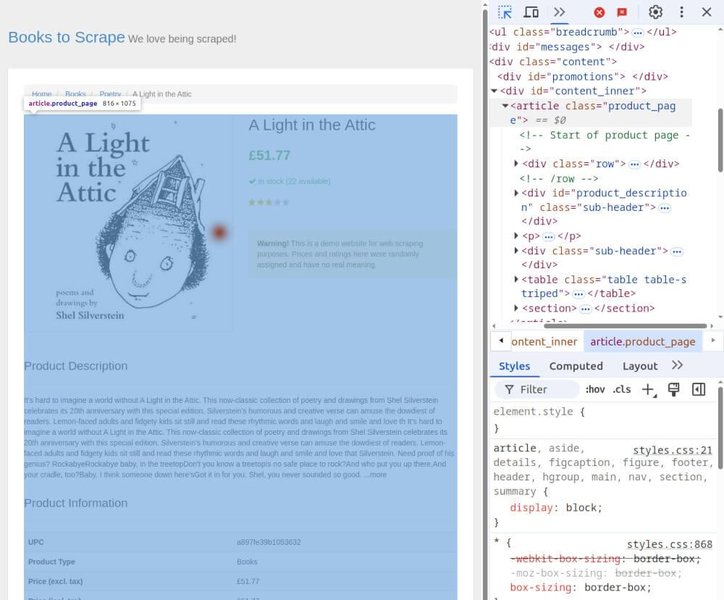 Example of HTML inspection for web scraping