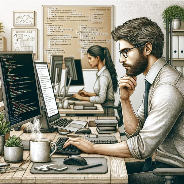 Software developer working in a modern office workspace