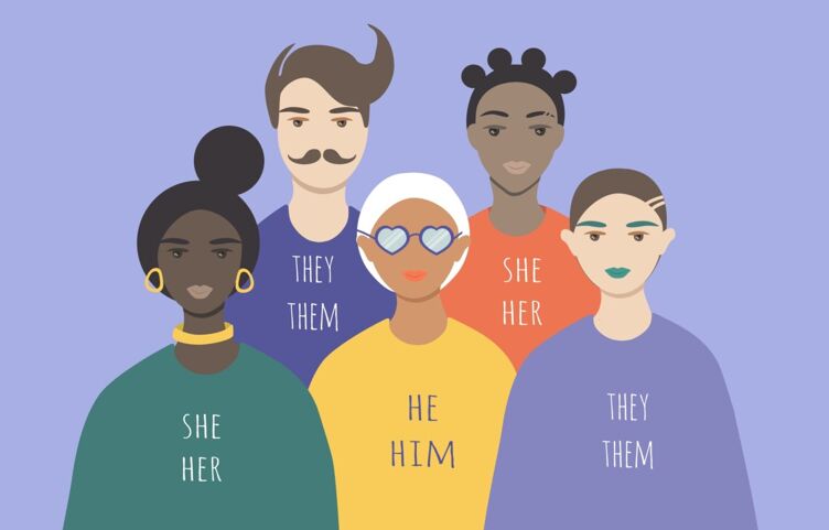 diverse group of people including pronoun labels