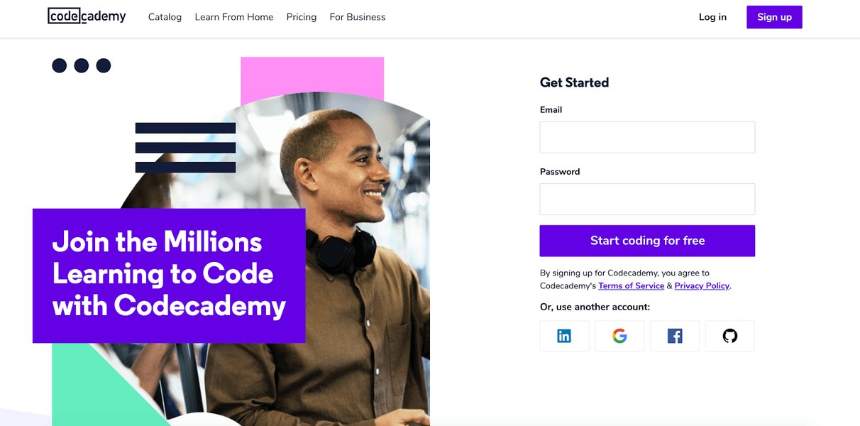 Codecademy landing page showing a clear form and CTA