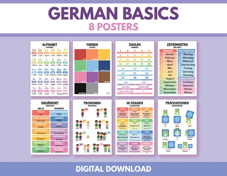 person studying German textbooks with colorful grammar charts