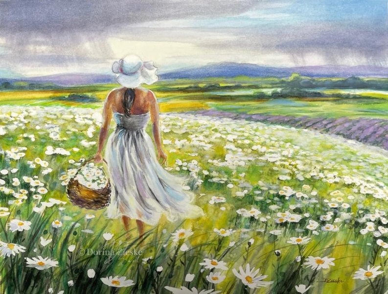 Watercolor painting of a girl amidst wild daisies in a meadow