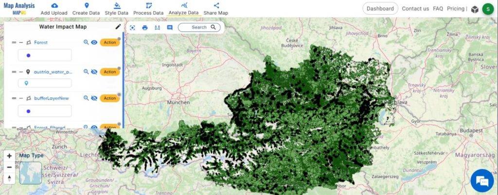 landscape aerial view of water bodies with GIS mapping markers