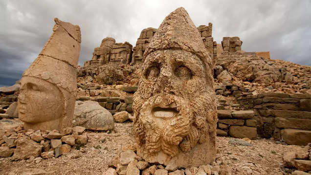 landscape with ancient religious symbols and natural phenomena