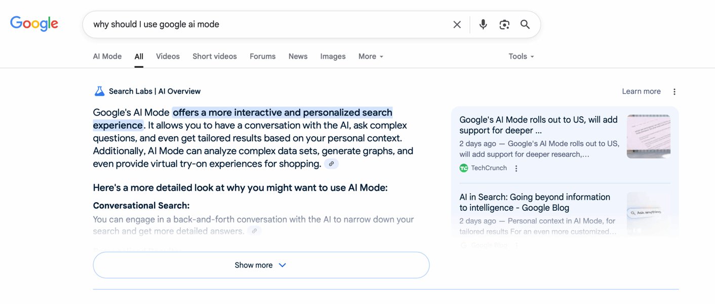 Google AI Mode tab on the left side of the search interface