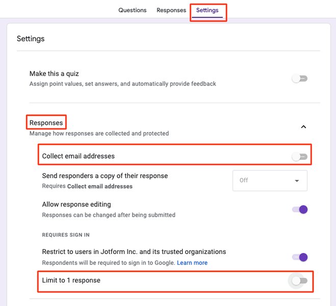 Zrzut ekranu Formularzy Google pokazujący opcję 'Zbieraj adresy e-mail'.