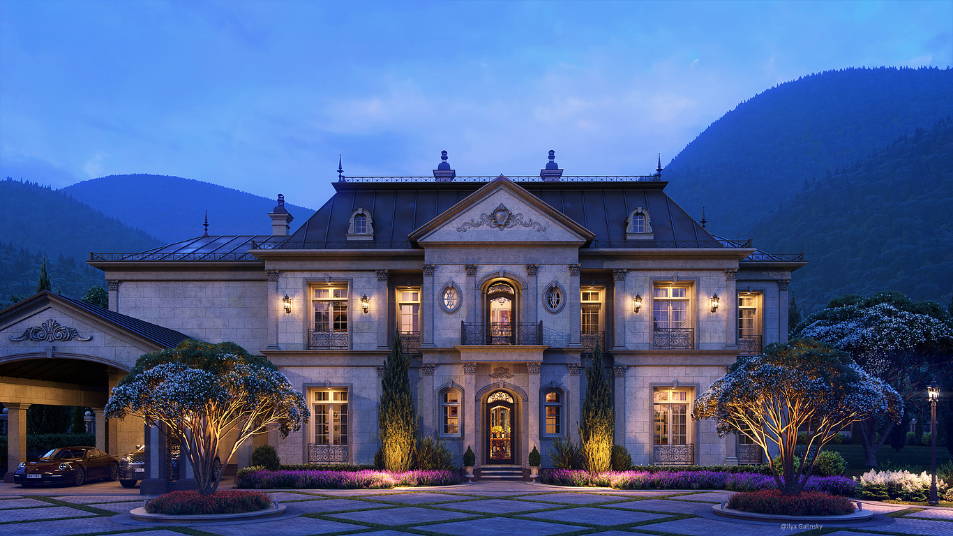 mountainous landscape with classic architecture