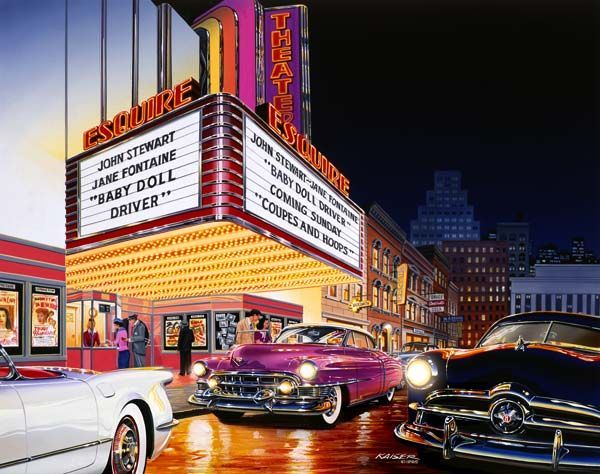 vintage theater marquee and 50s car