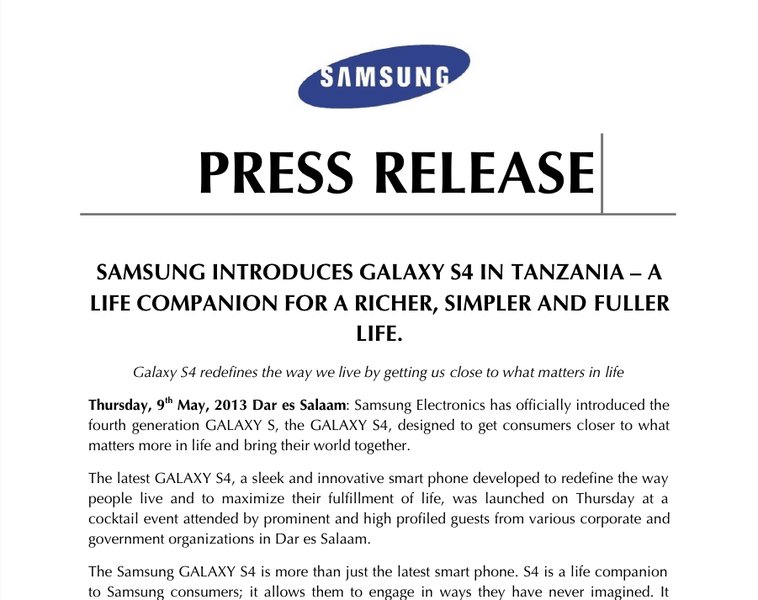 Example of a Samsung press release showing headline and sub-headline structure
