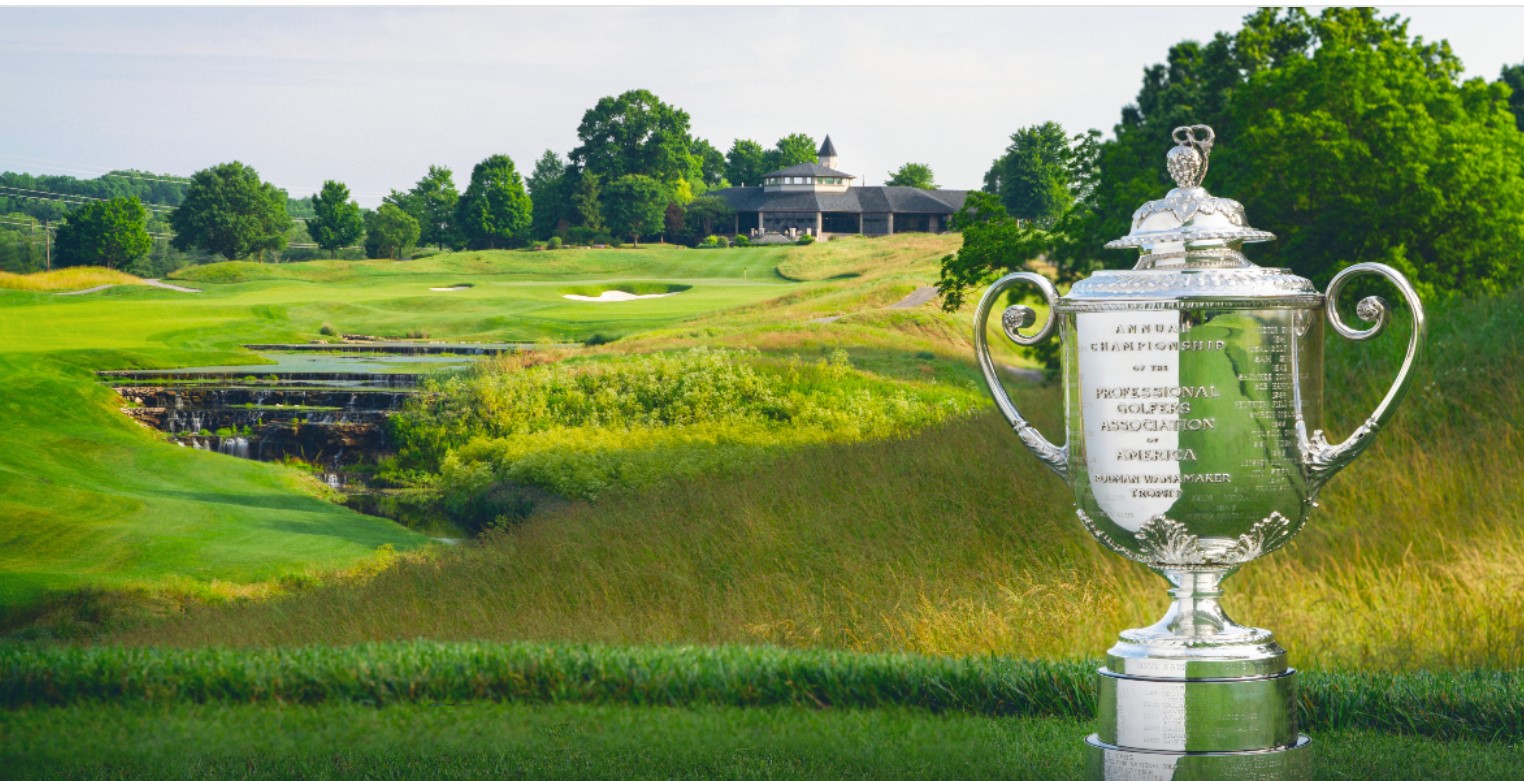 golf clubs and championship trophy on green fairway