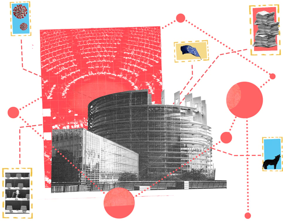 EU parliament building and sustainable finance graphics