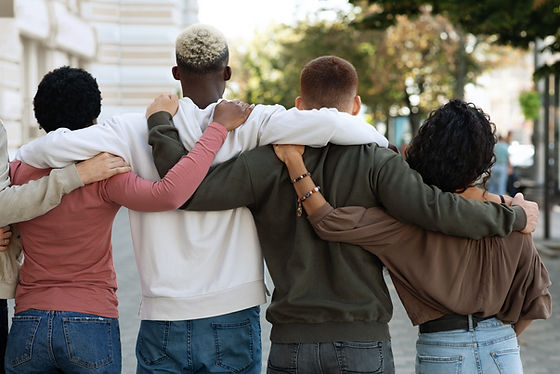 diverse group greeting urban street