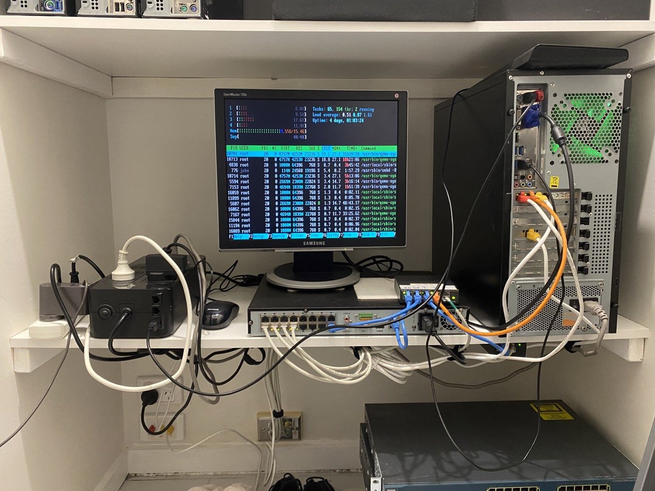 server room with cables and monitor setup