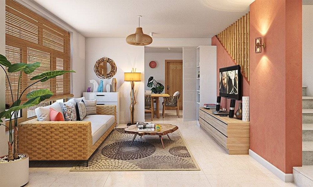Interior living space with rattan furniture, showcasing sustainable design