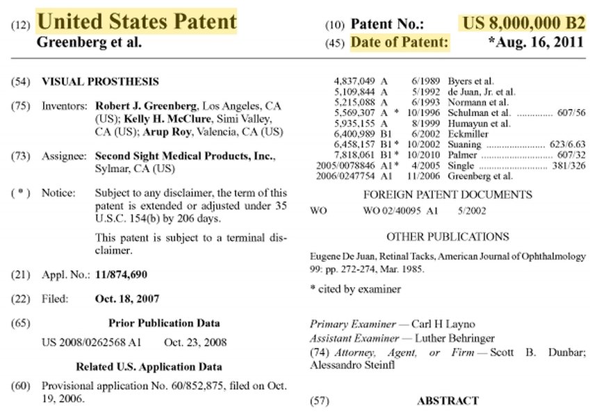 Front page of a granted US Patent document example