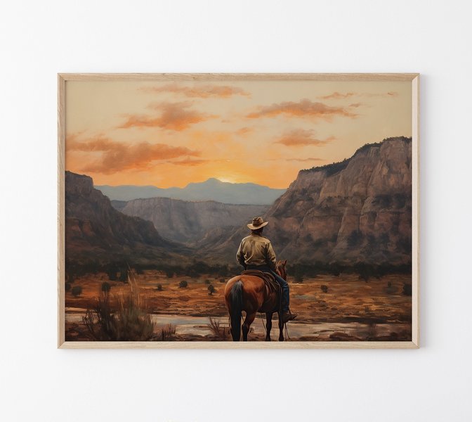 Vintage oil painting print of a cowboy on horseback in a Western landscape