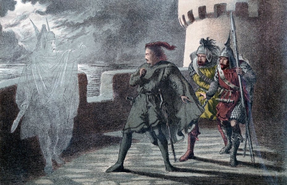 Painting depicting Hamlet encountering his father's ghost on the battlements