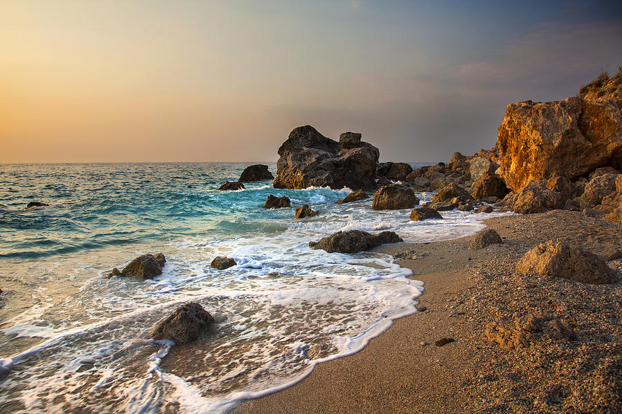 greece rocky coast beach sunset