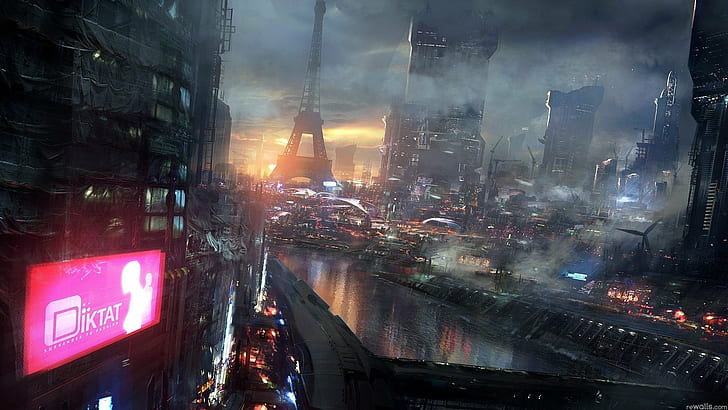 scenery of futuristic city with digital screens