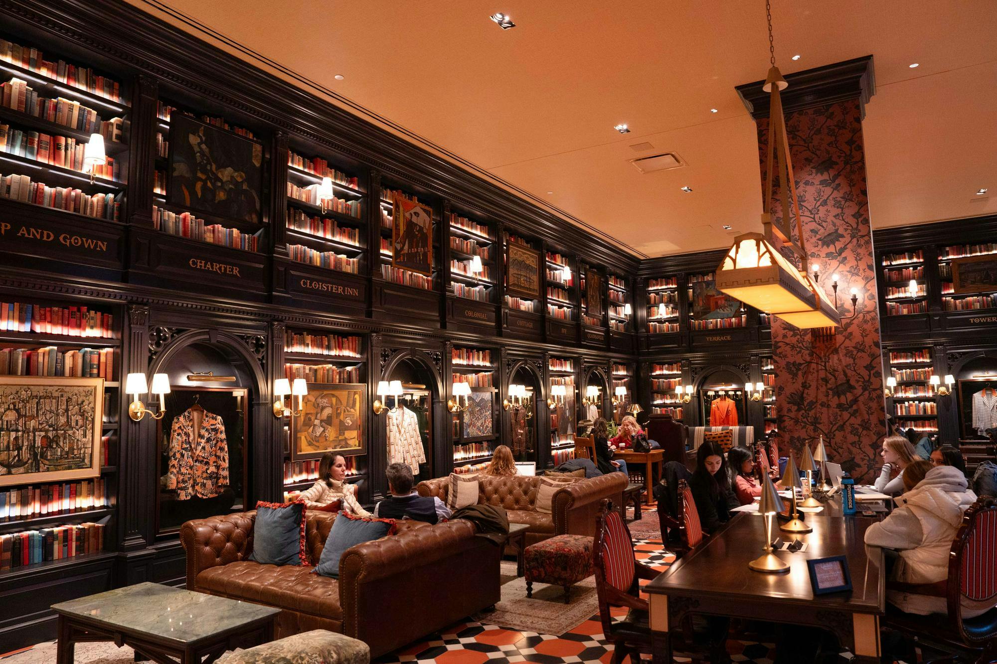 hotel lobby interior and student discussion