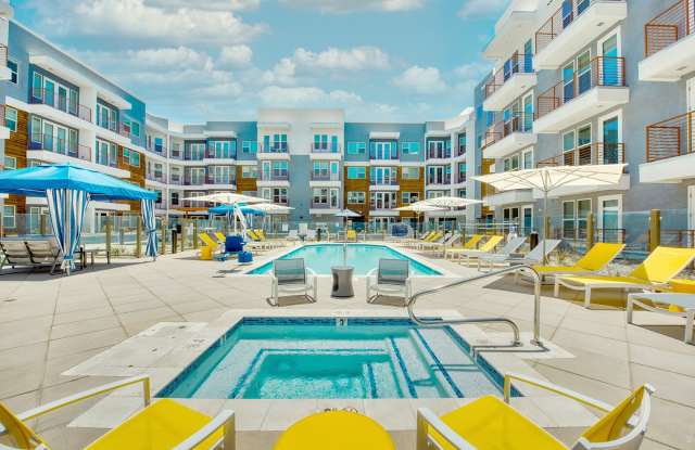 modern cityscape residential complex pool