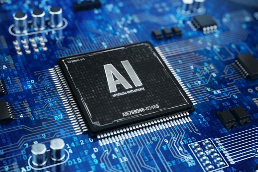 Image of various AI hardware components like GPUs and processors.