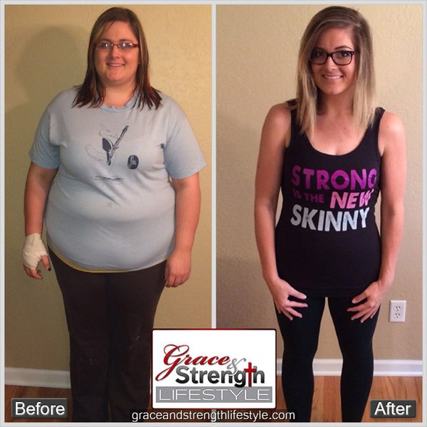 Before and after photos showing a significant weight loss transformation.
