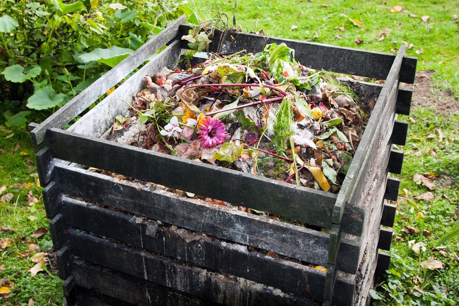 A close-up of dark, rich, finished compost, showing its crumbly texture.