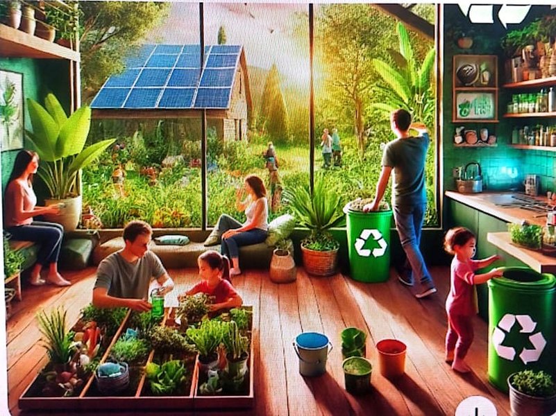 Stylized graphic showing sustainable living elements like recycling, plants, and energy saving