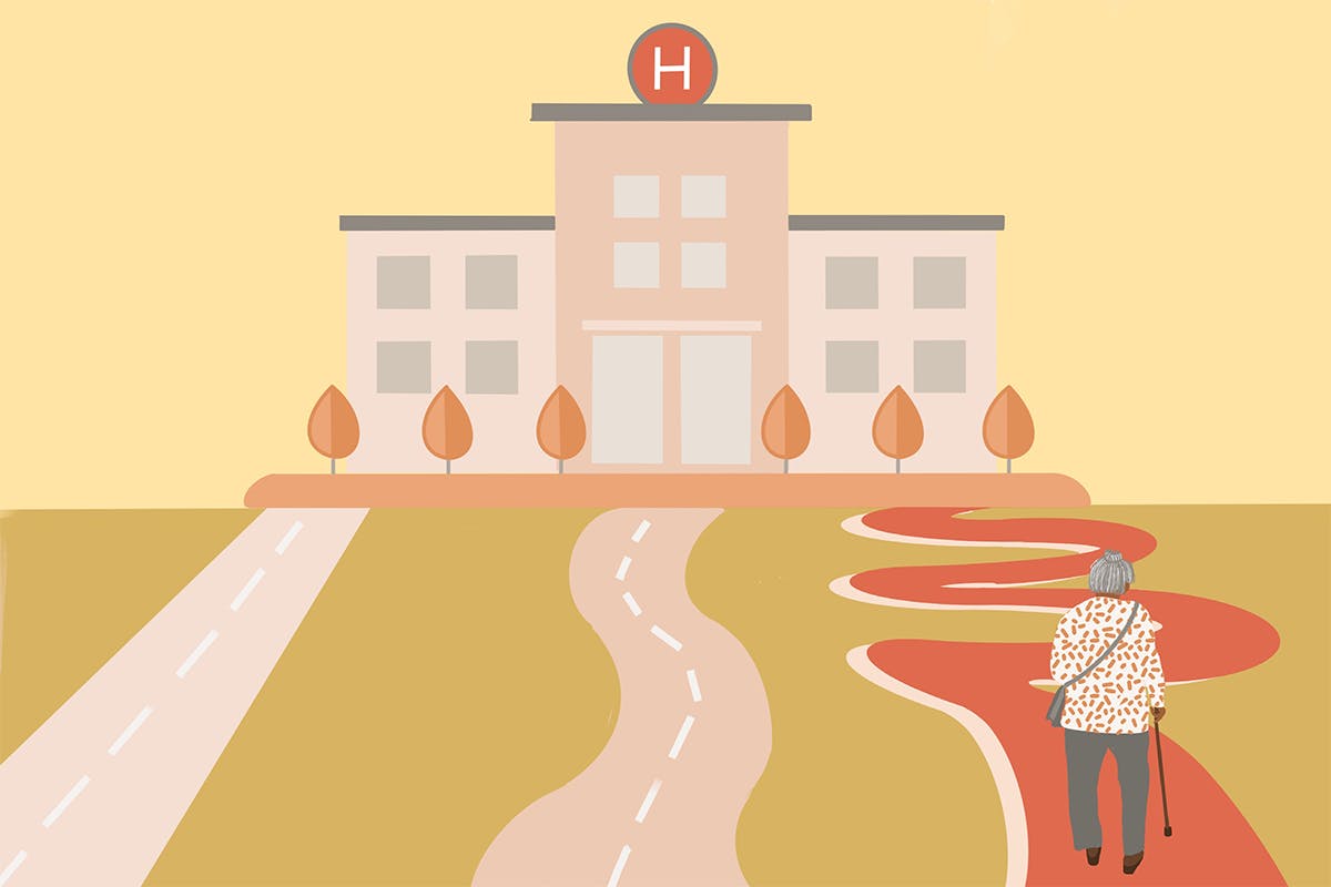elderly person walking city street with arterial health symbol