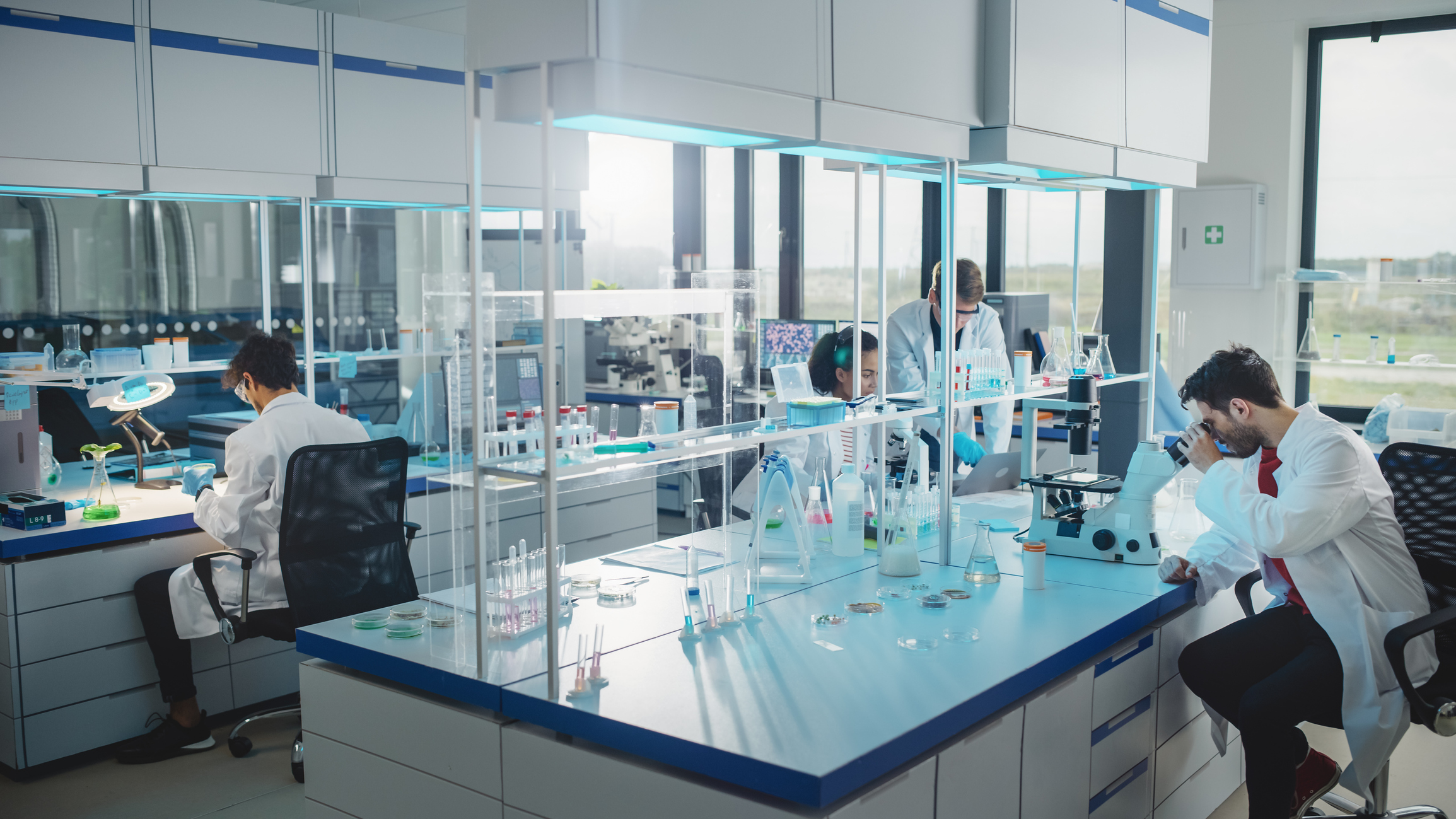 advanced laboratory instruments and futuristic cityscape