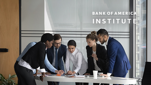 bank building, financial charts, people discussing data