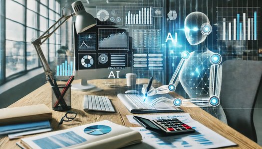 office workspace with financial charts and AI technology