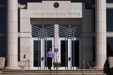 modern courthouse with digital screens and legal AI icons