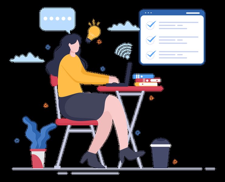 Ilustración de una periodista trabajando en un artículo de noticias.